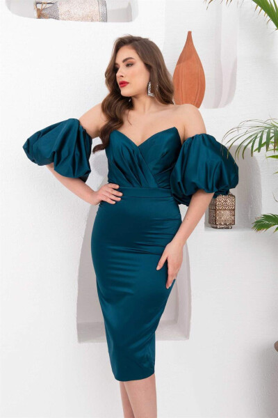 Petrol Satin Balloon Sleeve Short Dress - 7