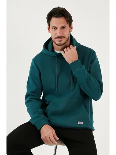 Petrol Slim Fit Kapüşonlu Kanguru Cepli İçi Tüylü Yumuşak Şardonlu Erkek Hoodie 5905281-Petrol 