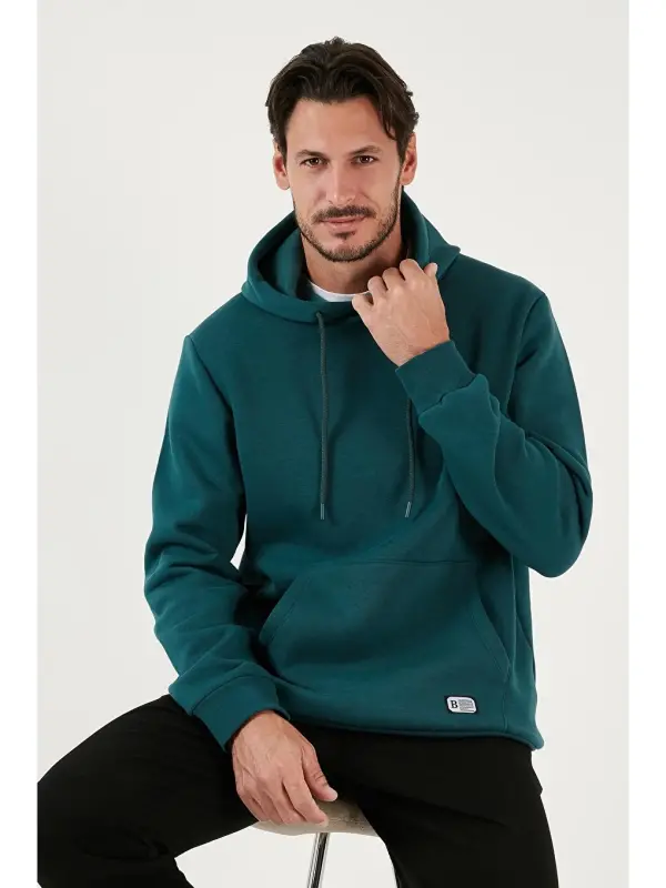 Petrol Slim Fit Kapüşonlu Kanguru Cepli İçi Tüylü Yumuşak Şardonlu Erkek Hoodie 5905281-Petrol - LC WAIKIKI