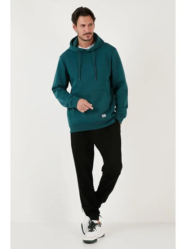 Petrol Slim Fit Kapüşonlu Kanguru Cepli İçi Tüylü Yumuşak Şardonlu Erkek Hoodie 5905281-Petrol - 2