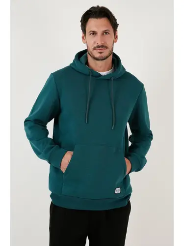 Petrol Slim Fit Kapüşonlu Kanguru Cepli İçi Tüylü Yumuşak Şardonlu Erkek Hoodie 5905281-Petrol - 3