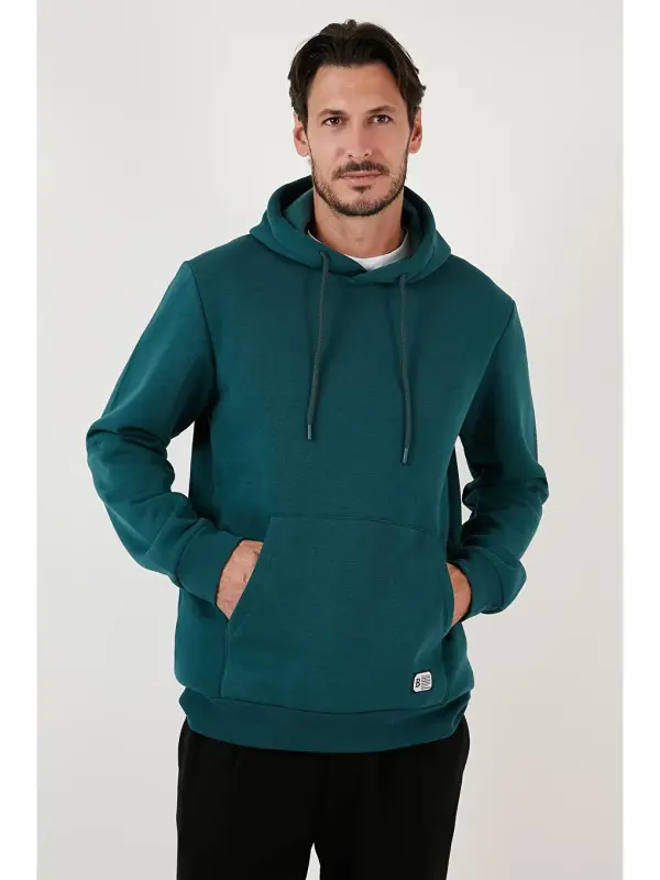 Petrol Slim Fit Kapüşonlu Kanguru Cepli İçi Tüylü Yumuşak Şardonlu Erkek Hoodie 5905281-Petrol - 3