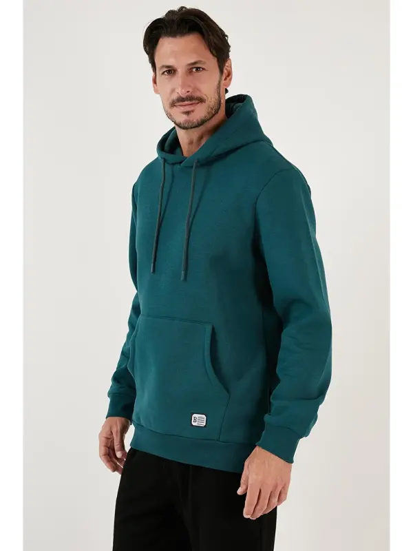 Petrol Slim Fit Kapüşonlu Kanguru Cepli İçi Tüylü Yumuşak Şardonlu Erkek Hoodie 5905281-Petrol - 4