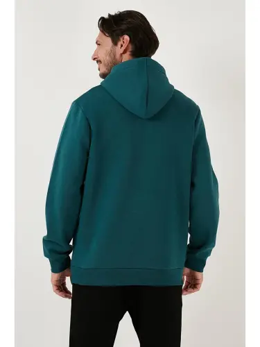 Petrol Slim Fit Kapüşonlu Kanguru Cepli İçi Tüylü Yumuşak Şardonlu Erkek Hoodie 5905281-Petrol - 5