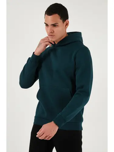 Petrol Slim Fit Kapüşonlu Kanguru Cepli İçi Tüylü Yumuşak Şardonlu Erkek Hoodie 5905281-Petrol - 6