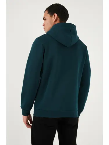 Petrol Slim Fit Kapüşonlu Kanguru Cepli İçi Tüylü Yumuşak Şardonlu Erkek Hoodie 5905281-Petrol - 7