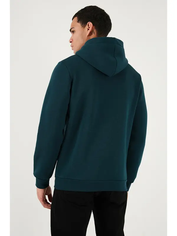 Petrol Slim Fit Kapüşonlu Kanguru Cepli İçi Tüylü Yumuşak Şardonlu Erkek Hoodie 5905281-Petrol - 7