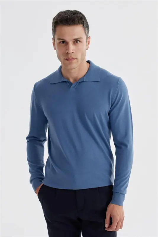 Petrol Slim Fit Polo Yaka Triko Kazak - JAKAMEN