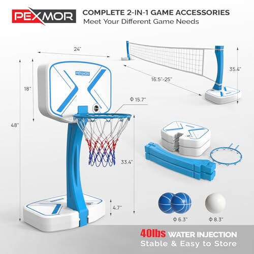 PEXMOR Pool Basketball Hoop & Volleyball Poolside, Portable for Swimming Pool, Upgraded Water Basketball Backboard Stand for Pool Indoor Outdoor - 2