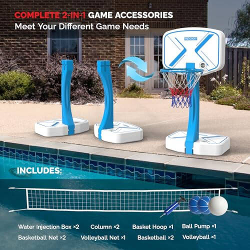 PEXMOR Pool Basketball Hoop & Volleyball Poolside, Portable for Swimming Pool, Upgraded Water Basketball Backboard Stand for Pool Indoor Outdoor - 7