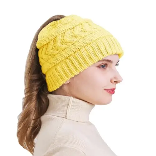 PFFY Ponytail Beanie Hat for Women Winter Warm Knit Beanies High Bun Hats Skull Cap 
