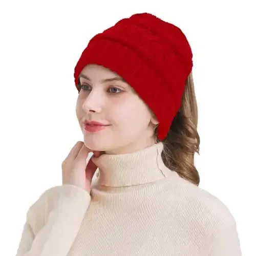PFFY Ponytail Beanie Hat for Women Winter Warm Knit Beanies High Bun Hats Skull Cap - MODAZONE