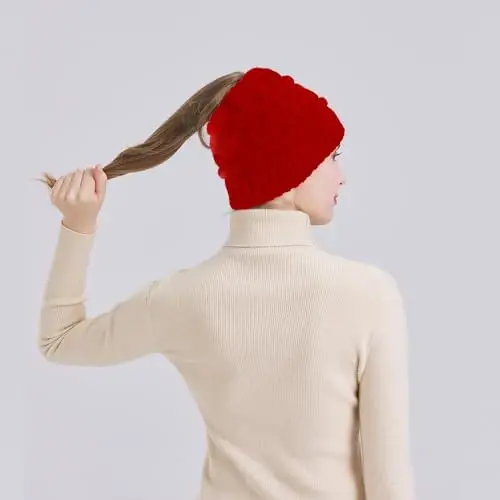 PFFY Ponytail Beanie Hat for Women Winter Warm Knit Beanies High Bun Hats Skull Cap - MODAZONE (1)