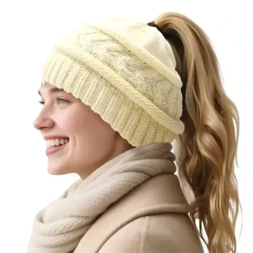 PFFY Ponytail Beanie Hat for Women Winter Warm Knit Beanies High Bun Hats Skull Cap - Modazone