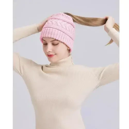 PFFY Ponytail Beanie Hat for Women Winter Warm Knit Beanies High Bun Hats Skull Cap - Modazone (1)