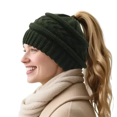 PFFY Ponytail Beanie Hat for Women Winter Warm Knit Beanies High Bun Hats Skull Cap 
