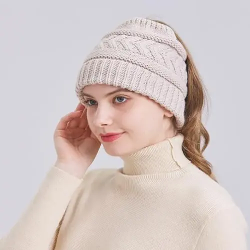 PFFY Ayollar uchun Ponytail Beanie Shlyapa Qishki Iliq Trikotaj Beanie Yuqori Tugunli Shlyapalar Bosh Suyagi Qopqog'i - PFFY (1)