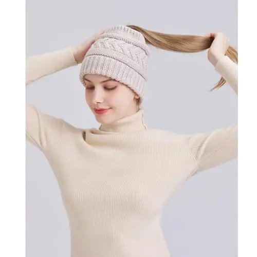 PFFY Ayollar uchun Ponytail Beanie Shlyapa Qishki Iliq Trikotaj Beanie Yuqori Tugunli Shlyapalar Bosh Suyagi Qopqog'i - 3