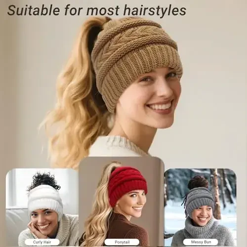 PFFY Ayollar uchun Ponytail Beanie Shlyapa Qishki Issiq Trikotaj Beanie Baland Dumba Shlyapalar череп qopqoq - 2