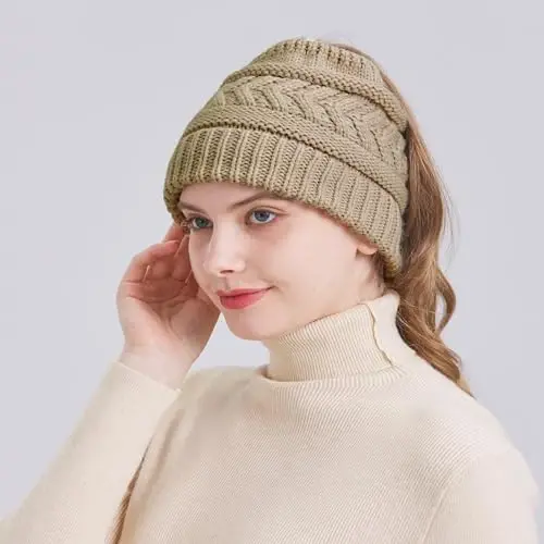 PFFY Ponytail Beanie Ayollar uchun Qishki Issiq Trikotaj Shapka Yuqori Bun Shapkalari Skull Cap - 3
