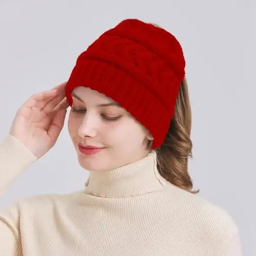 PFFY Ponytail Beanie Hat for Women Winter Warm Knit Beanies High Bun Hats Skull Cap - 3