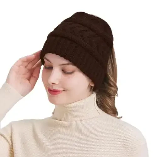 PFFY Ponytail Beanie Hat for Women Winter Warm Knit Beanies High Bun Hats Skull Cap 