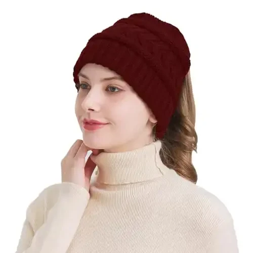 PFFY Ponytail Beanie Hat for Women Winter Warm Knit Beanies High Bun Hats Skull Cap - 1