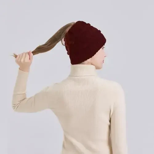 PFFY Ponytail Beanie Hat for Women Winter Warm Knit Beanies High Bun Hats Skull Cap - 2