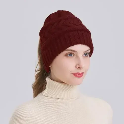 PFFY Ponytail Beanie Hat for Women Winter Warm Knit Beanies High Bun Hats Skull Cap - 4