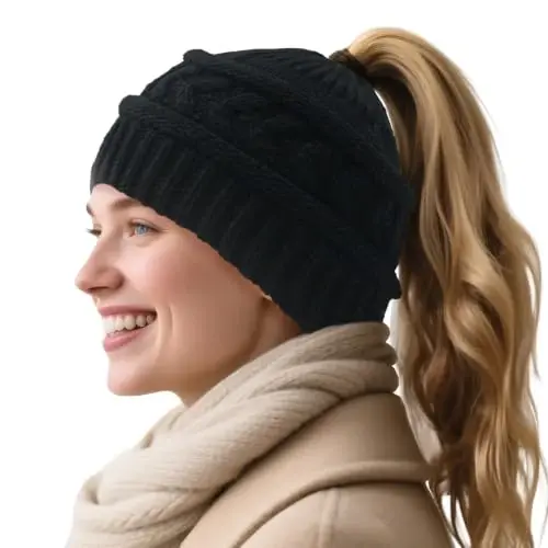 PFFY Ponytail Beanie Hat for Women Winter Warm Knit Beanies High Bun Hats Skull Cap 