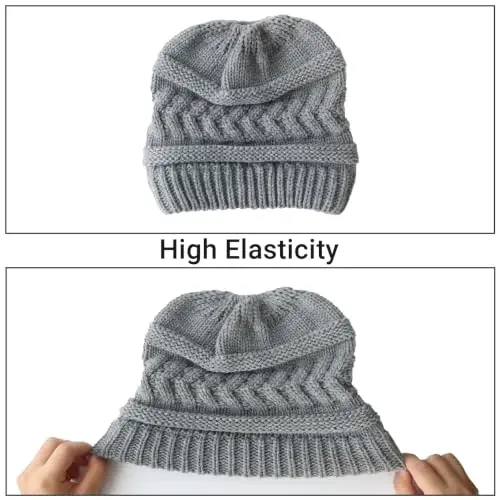 PFFY Ponytail Beanie Hat for Women Winter Warm Knit Beanies High Bun Hats Skull Cap - 4