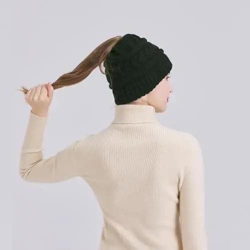 PFFY Ponytail Beanie Hat for Women Winter Warm Knit Beanies High Bun Hats Skull Cap - PFFY (1)