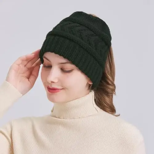 PFFY Ponytail Beanie Hat for Women Winter Warm Knit Beanies High Bun Hats Skull Cap - 6