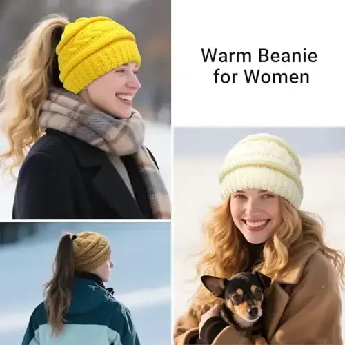 PFFY Ponytail Beanie Hat for Women Winter Warm Knit Beanies High Bun Hats Skull Cap - 3