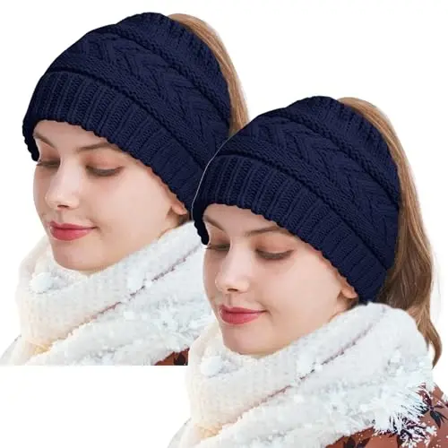 PFFY Ponytail Beanie Hat for Women Winter Warm Knit Beanies High Bun Hats Skull Cap 