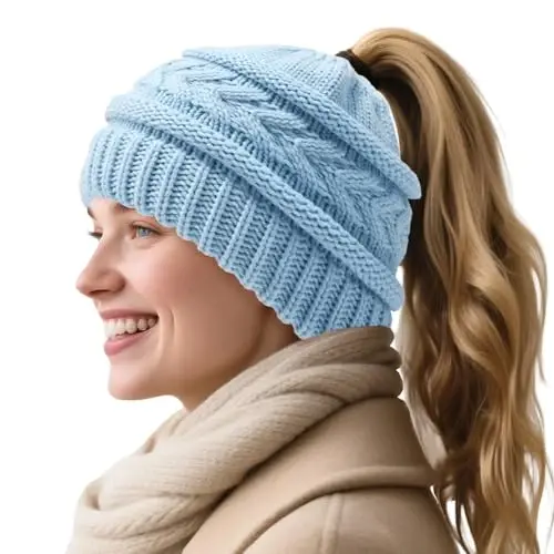 PFFY Ponytail Beanie Hat for Women Winter Warm Knit Beanies High Bun Hats Skull Cap 