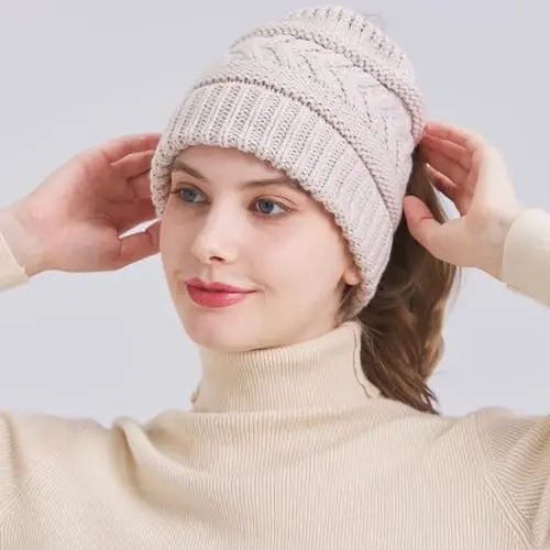 PFFY Ponytail Beanie Hat for Women Winter Warm Knit Beanies High Bun Hats Skull Cap - 4