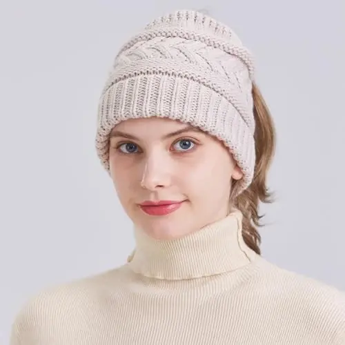 PFFY Ponytail Beanie Hat for Women Winter Warm Knit Beanies High Bun Hats Skull Cap - 5
