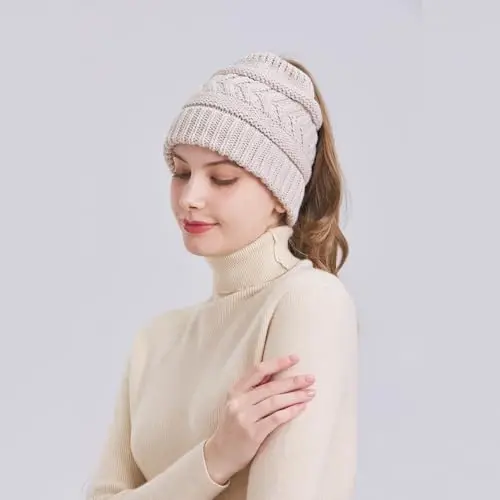 PFFY Ponytail Beanie Hat for Women Winter Warm Knit Beanies High Bun Hats Skull Cap - 6
