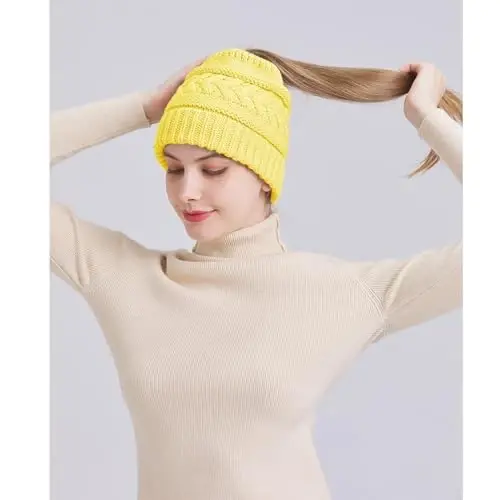 PFFY Ponytail Beanie Hat for Women Winter Warm Knit Beanies High Bun Hats Skull Cap - 2