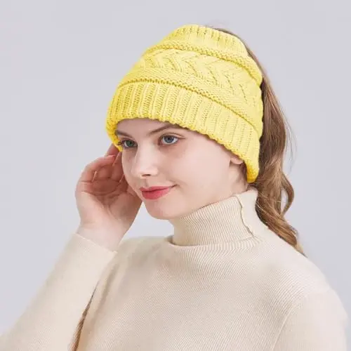 PFFY Ponytail Beanie Hat for Women Winter Warm Knit Beanies High Bun Hats Skull Cap - 3