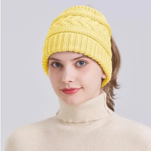 PFFY Ponytail Beanie Hat for Women Winter Warm Knit Beanies High Bun Hats Skull Cap - 4
