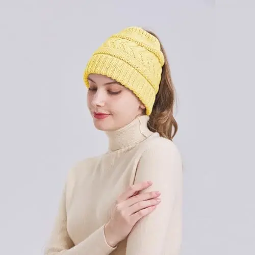 PFFY Ponytail Beanie Hat for Women Winter Warm Knit Beanies High Bun Hats Skull Cap - 5