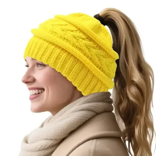 PFFY Ponytail Beanie Hat for Women Winter Warm Knit Beanies High Bun Hats Skull Cap - Modazone