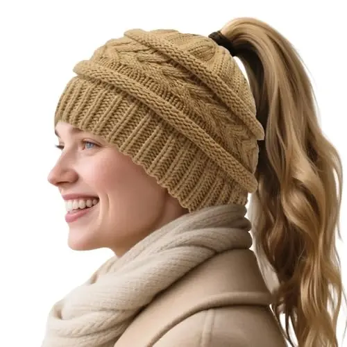PFFY Ponytail Beanie Hat for Women Winter Warm Knit Beanies High Bun Hats Skull Cap 