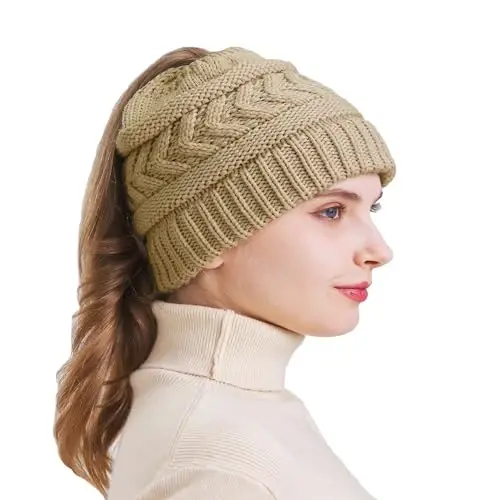 PFFY Ponytail Beanie Hat for Women Winter Warm Knit Beanies High Bun Hats Skull Cap - 1
