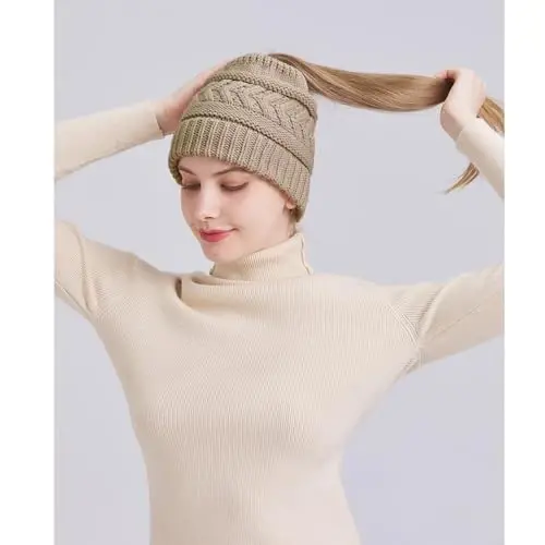 PFFY Ponytail Beanie Hat for Women Winter Warm Knit Beanies High Bun Hats Skull Cap - PFFY (1)