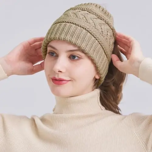 PFFY Ponytail Beanie Hat for Women Winter Warm Knit Beanies High Bun Hats Skull Cap - 4