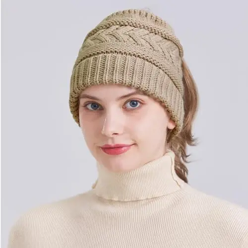 PFFY Ponytail Beanie Hat for Women Winter Warm Knit Beanies High Bun Hats Skull Cap - 5