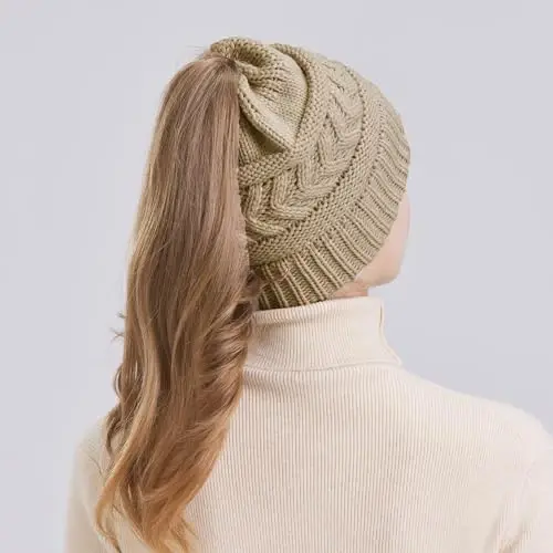 PFFY Ponytail Beanie Hat for Women Winter Warm Knit Beanies High Bun Hats Skull Cap - 6